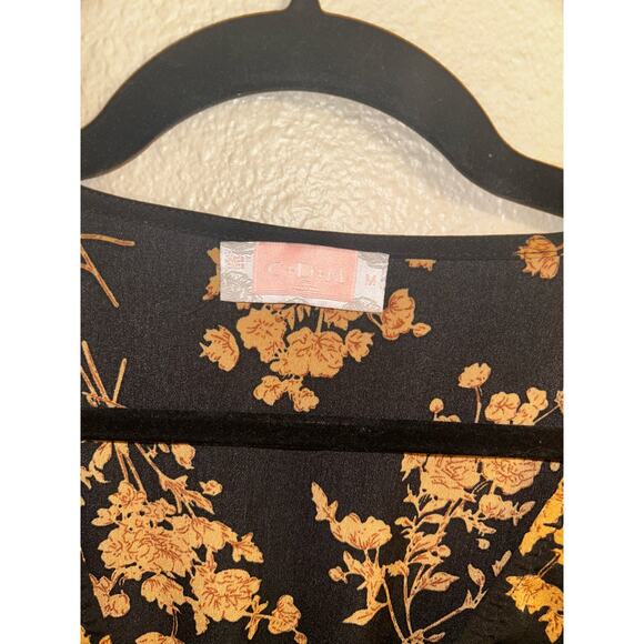 C+D+M Boho Preppy Professional Old Money Black & Gold Floral Wrap Dress - Picture 8 of 14